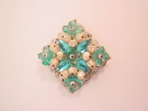 Pearl and Aqua Flower Square West Germany Pin