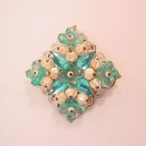 Pearl and Aqua Flower Square West Germany Pin