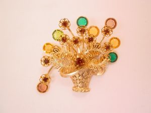 Fantastic Brown and Green Rhinestone Basket Pin
