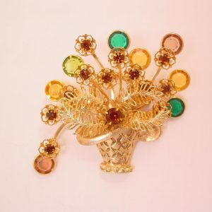 Fantastic Brown and Green Rhinestone Basket Pin