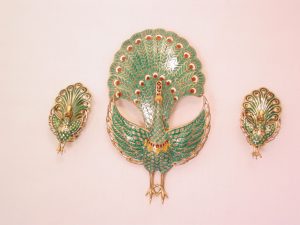 Articulated Siam Sterling Green Enameled Peacock Pin and Earrings Set