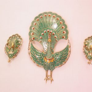 Articulated Siam Sterling Green Enameled Peacock Pin and Earrings Set