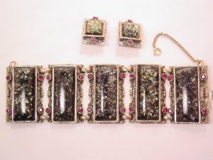 Huge Heavy Purple and Green Confetti on Black Bracelet and Earrings