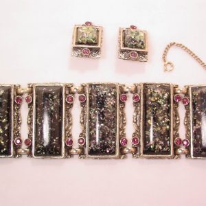 Huge Heavy Purple and Green Confetti on Black Bracelet and Earrings