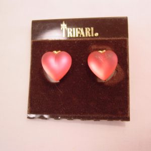 Frosted Pink Glass Heart Trifari Earrings on Original Card