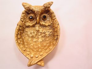 Goldtone Owl Pin Tray with Black Rhinestone Eyes