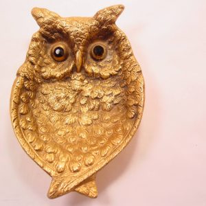 Goldtone Owl Pin Tray with Black Rhinestone Eyes