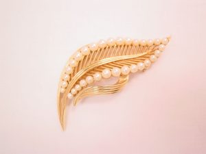 Large Goldtone and Pearl Trifari Stylized Leaf