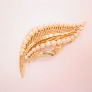 Large Goldtone and Pearl Trifari Stylized Leaf