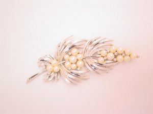 Trifari Pearl and Clear Rhinestone Brushed and Shiny Silvertone Branch Pin