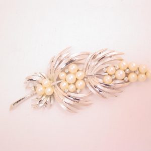 Trifari Pearl and Clear Rhinestone Brushed and Shiny Silvertone Branch Pin