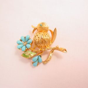 Mylu Bird on a Branch with Imitation Turquoise Flower Pin