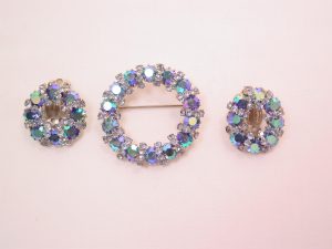 Weiss Blue Aurora Borealis Wreath Pin and Earrings Set