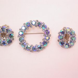 Weiss Blue Aurora Borealis Wreath Pin and Earrings Set