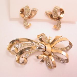 1940s Old Marcel Boucher Sterling Bow Pin and Earrings Set