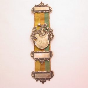 Old Silver-Plated Knight's Helmet and Shield on Ribbon Watch Fob