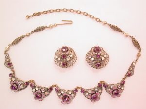 West German Purple Rhinestones and Flowers Necklace and Earrings Set
