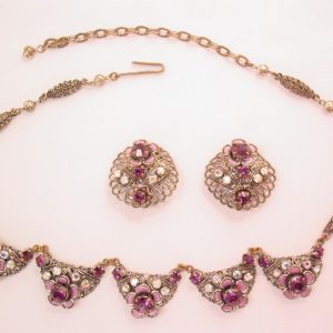 West German Purple Rhinestones and Flowers Necklace and Earrings Set