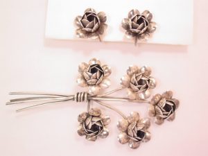 Coro Sterling Craft Rose Bouquet Pin and Earrings Set