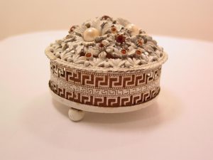 Round White Enamel Florenza Greek Key and Floral Jeweled Box