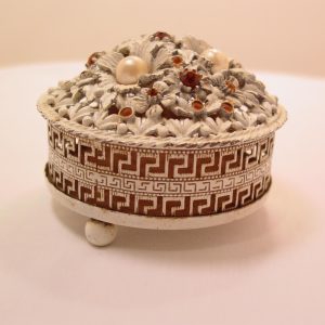Round White Enamel Florenza Greek Key and Floral Jeweled Box