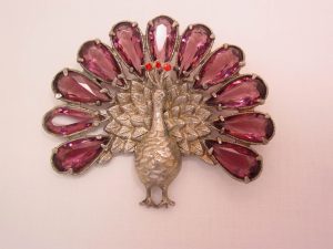 Purple Rhinestone and Pot Metal Peacock Pin