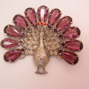 Purple Rhinestone and Pot Metal Peacock Pin