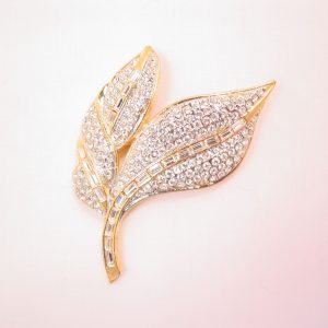 Brilliant Pave Set Clear Rhinestone Double Leaf Pin