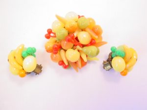 West Germany Plastic Fruit Pin and Earrings Set