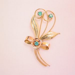 Harry Iskin 1/20 12K G.F. and Aqua Rhinestone Floral Spray Pin