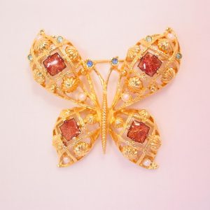 Large Goldtone, Pearl, Brown and Blue Avon Butterfly Pin