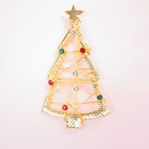 Bright Goldtone Wire-Wrapped and Rhinestone Christmas Tree Pin