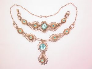 Mexican Filigree Silvertone and Blue Rhinestone Necklace and Bracelet Set