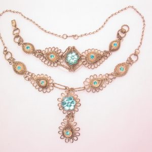 Mexican Filigree Silvertone and Blue Rhinestone Necklace and Bracelet Set