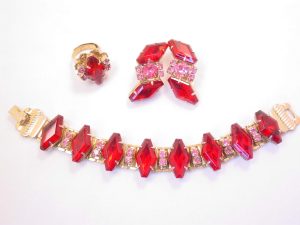 Vibrant Red Rhinestone Juliana/D&E-Style Parure - Bracelet, Earrings & Ring