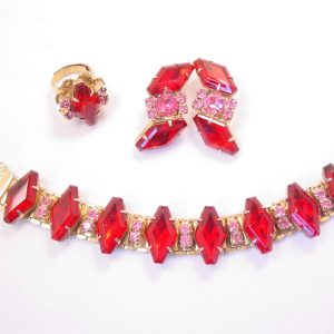 Vibrant Red Rhinestone Juliana/D&E-Style Parure - Bracelet, Earrings & Ring