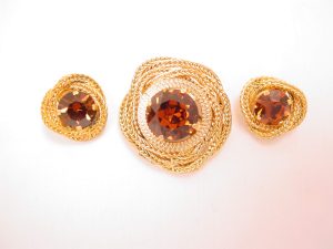 West Germany Coiled Chain and Brown Rhinestone Pin and Earrings Set