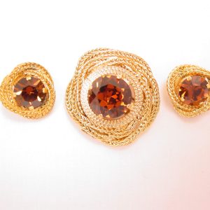 West Germany Coiled Chain and Brown Rhinestone Pin and Earrings Set