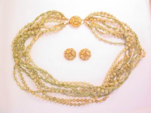 Marbleized Pale Olive and Beige Plastic Necklace and Earrings Set