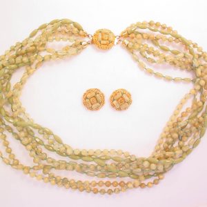 Marbleized Pale Olive and Beige Plastic Necklace and Earrings Set