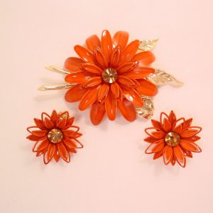 Lisner Rust-Colored Enamel Flower Pin and Earring Set