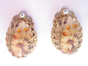 Floral West Germany Filigree Oval Cabochon Earrings