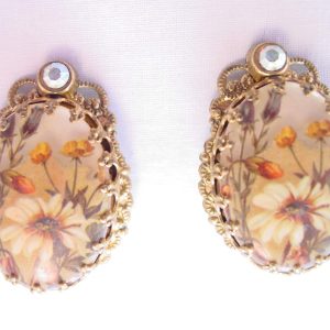 Floral West Germany Filigree Oval Cabochon Earrings