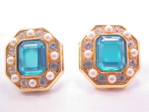 Alana Stewart Aqua, Crystal and Pearl Octagon Earrings