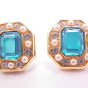 Alana Stewart Aqua, Crystal and Pearl Octagon Earrings