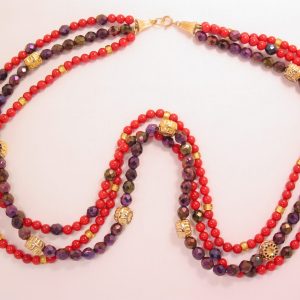 Royal Purple Aurora Borealis and Carnelian-Colored Glass Bead Necklace