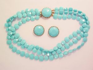 Robin Egg Blue 3-Strand Plastic Necklace and Earrings Set