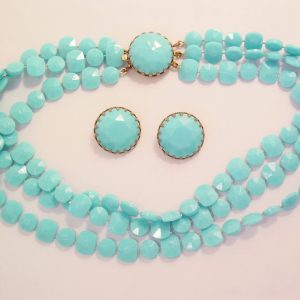 Robin Egg Blue 3-Strand Plastic Necklace and Earrings Set