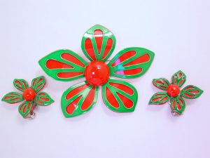 Christmas Enameled Flower Pin and Earrings Set