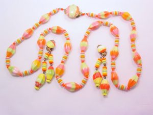 West German Striped Pink, Lime and Orange Glass Bead Necklace and Earrings Set